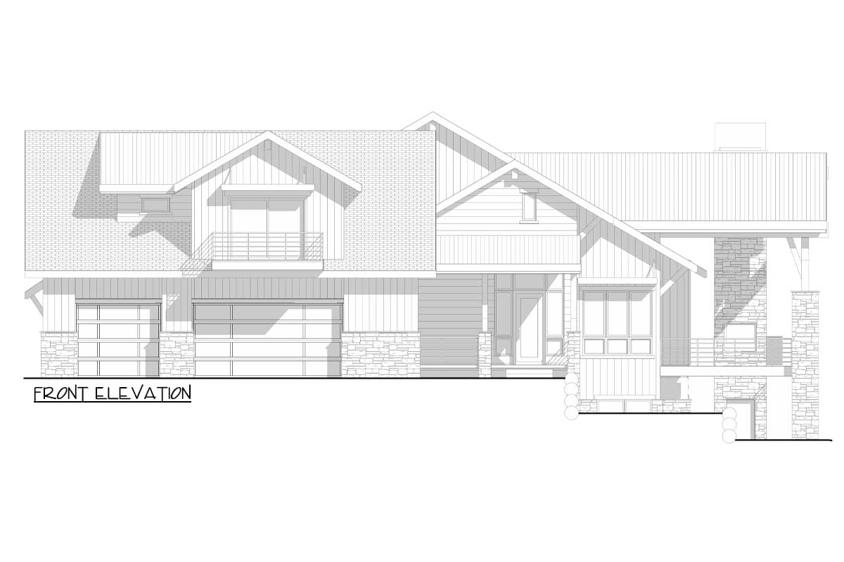 Front elevation house plan showing a two-story modern home with a gabled roof, stone accents, and a double garage.