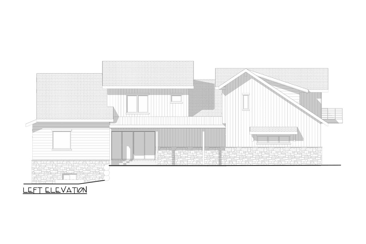 Left elevation house plan shows a multi-story home with mixed siding and stone base, large windows, and complex rooflines.