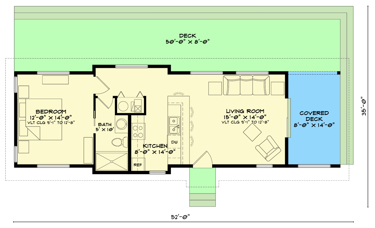 Plan 520012RKY: Contemporary Cabin with an Industrial Edge and Outdoor Living Space - 644 Sq Ft - Floor Plan - Main Level - Cabin, Contemporary, Cottage, Ranch, Scandinavian