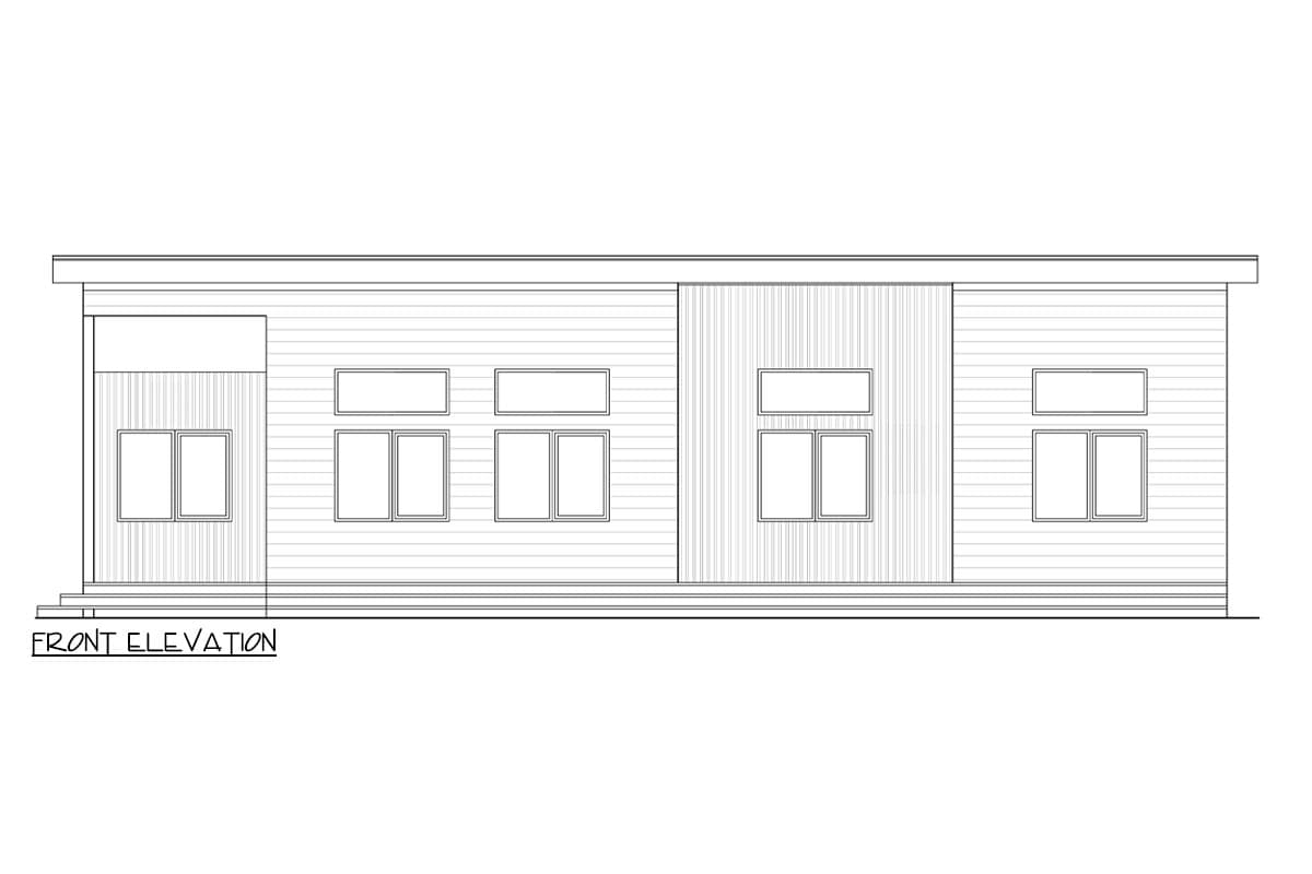 Front elevation drawing of a one-story house plan with horizontal and vertical siding and multiple rectangular windows.