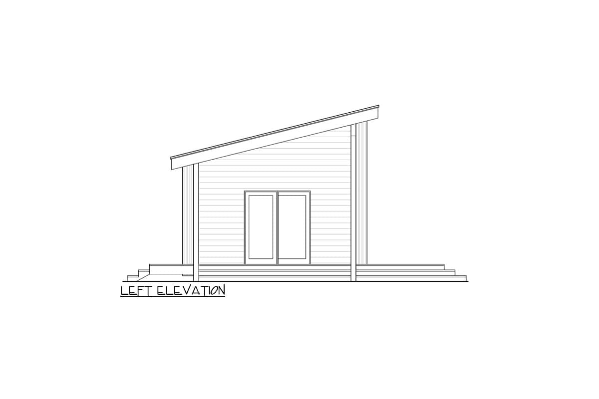 Left elevation drawing of a house plan with a shed roof and double glass doors.