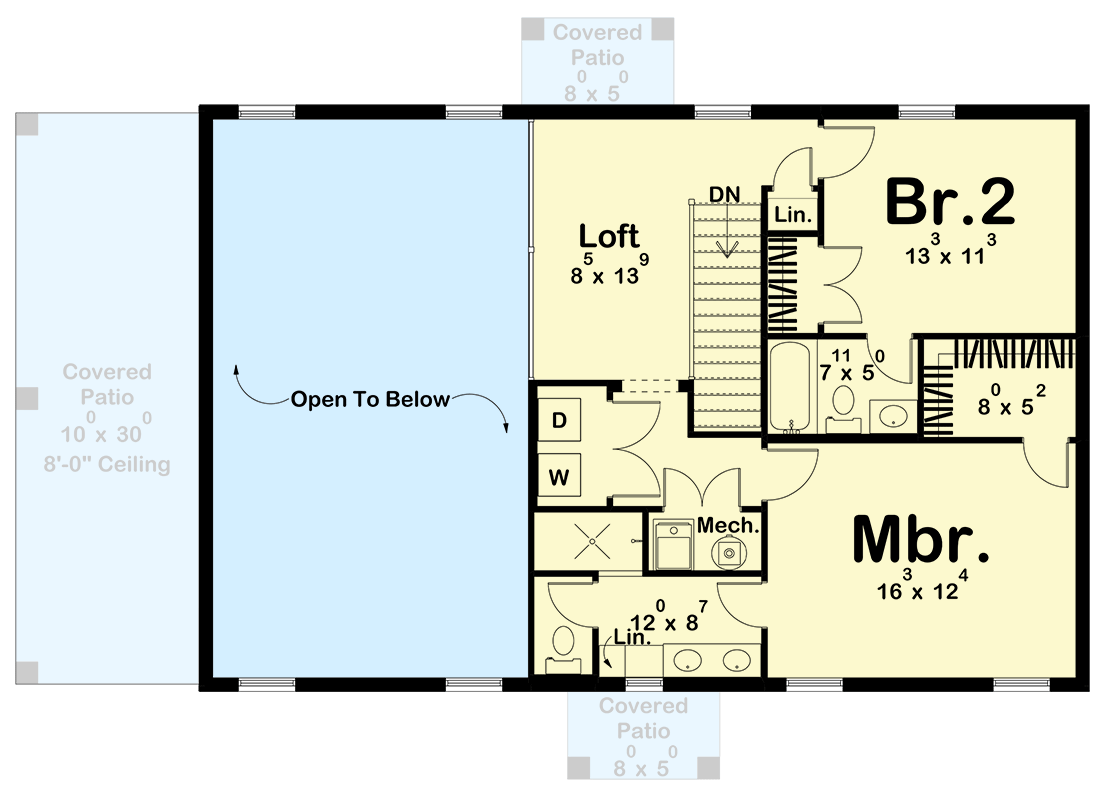 Plan 623374DJ: 2-Bed Colonial Style Home Plan with Two Story Great Room and Loft - 1695 Sq Ft - Floor Plan - 2nd Floor - Colonial, Traditional
