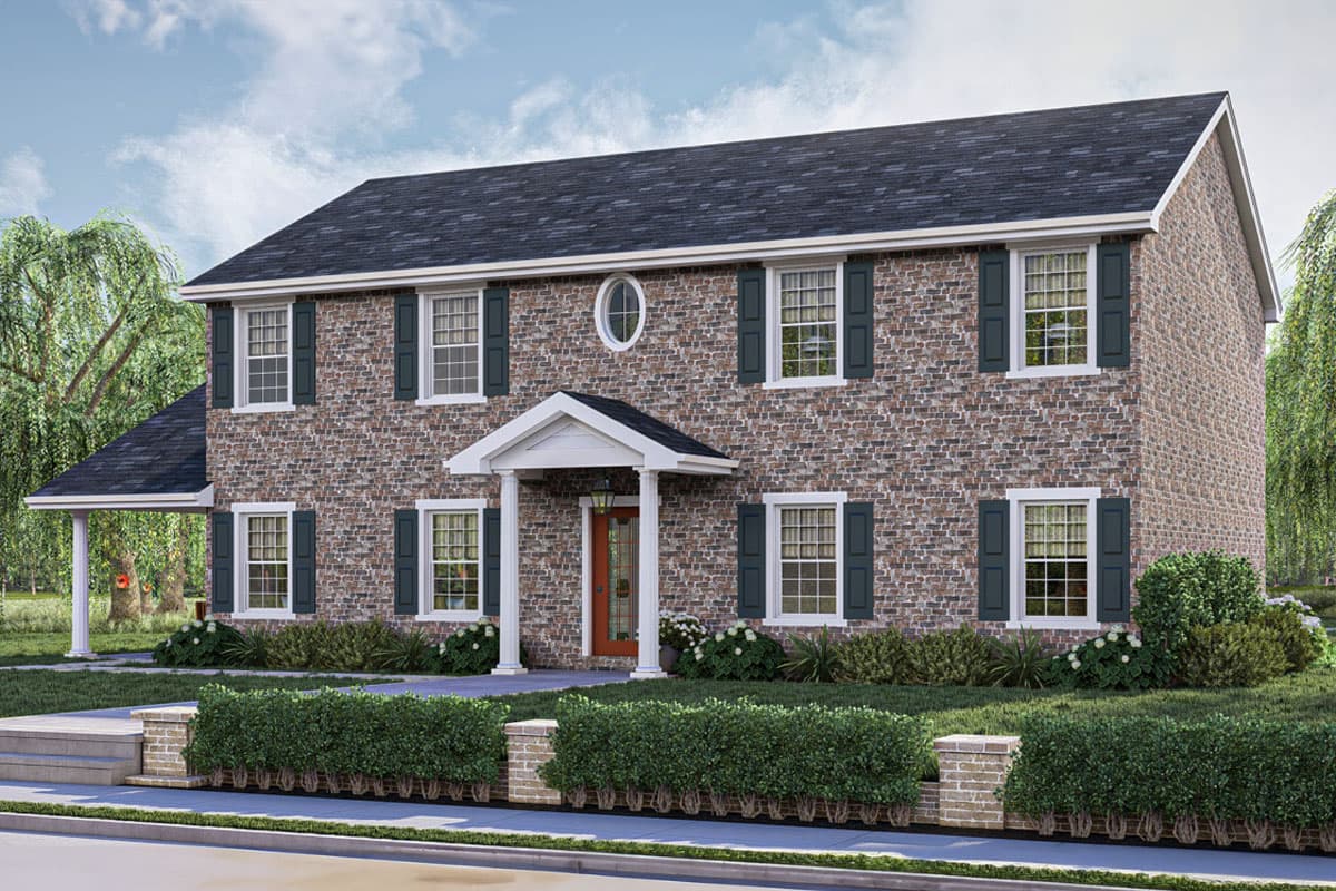 Two-story brick house plan exterior with gabled portico, pedimented dormer, and oval attic window.