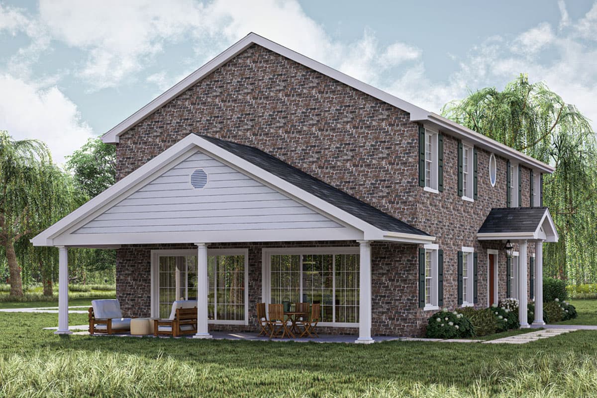 Two-story house plan exterior with brick facade, covered porch with columns, gabled dormer, and multiple windows.
