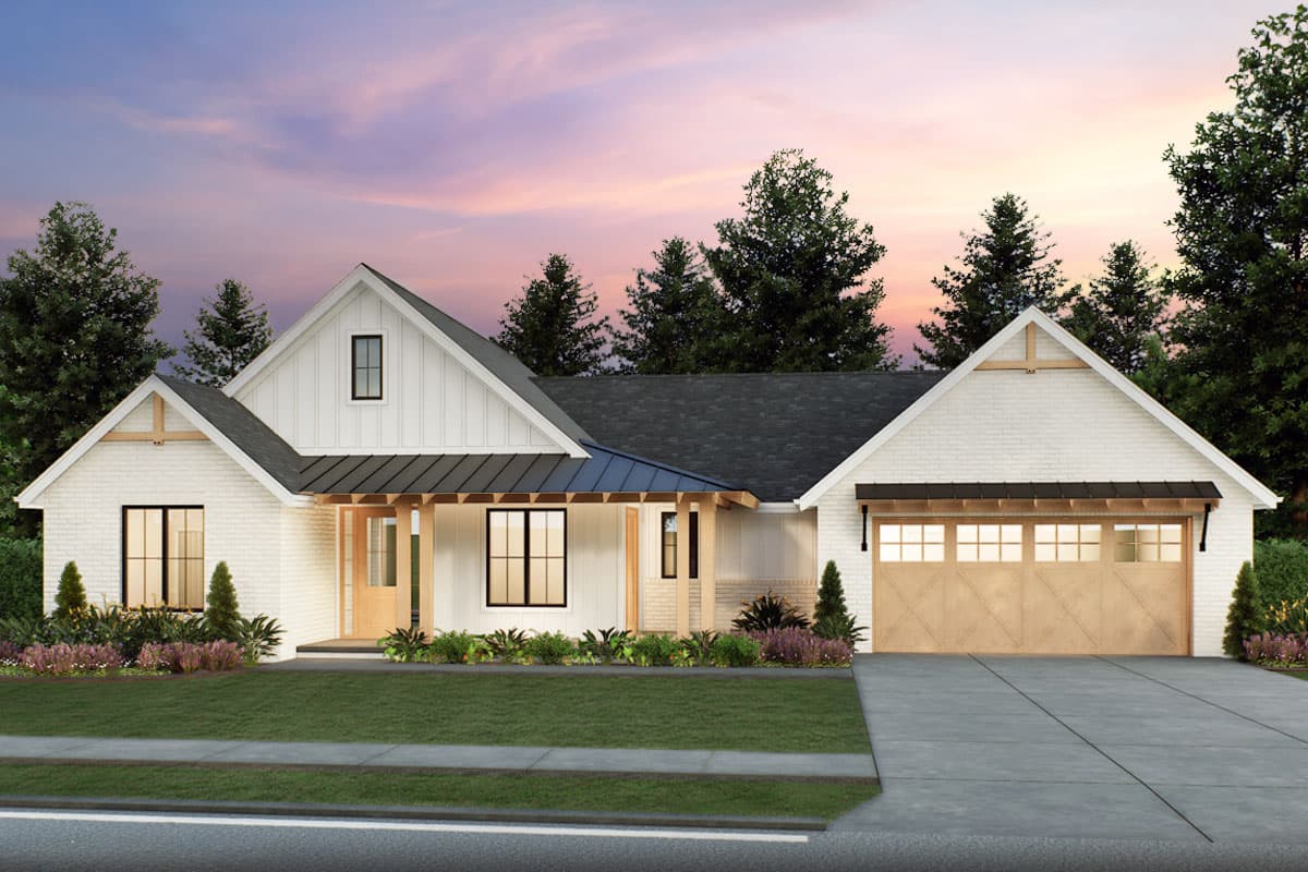 House plan exterior. Modern Farmhouse style with two gables, covered porch, and attached garage. Features include board and batten siding.