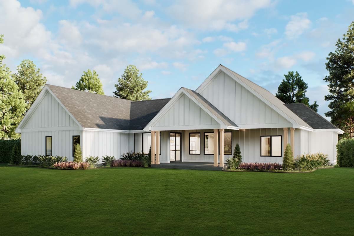 House plan exterior: Modern Farmhouse style, one story, board-and-batten siding, gabled rooflines, covered porch with wood posts.