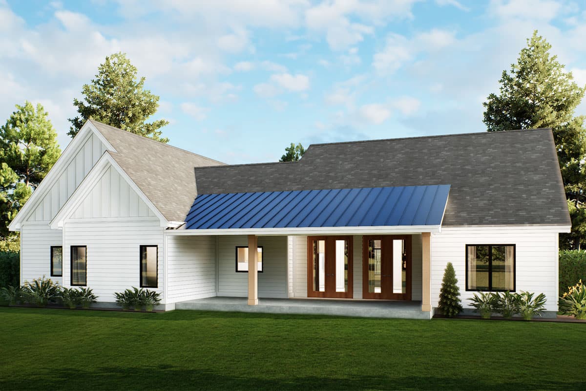 House plan exterior with a prominent gable, white siding, and a blue metal standing seam roof over the porch.