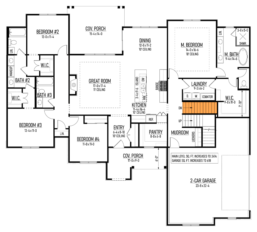 Plan 310002GLH: 4-Bed Transitional House Plan with Bonus Room and Breakfast Nook - 2362 Sq Ft - Floor Plan - Basement Stairs Location - Contemporary, Craftsman, Hill Country, Transitional