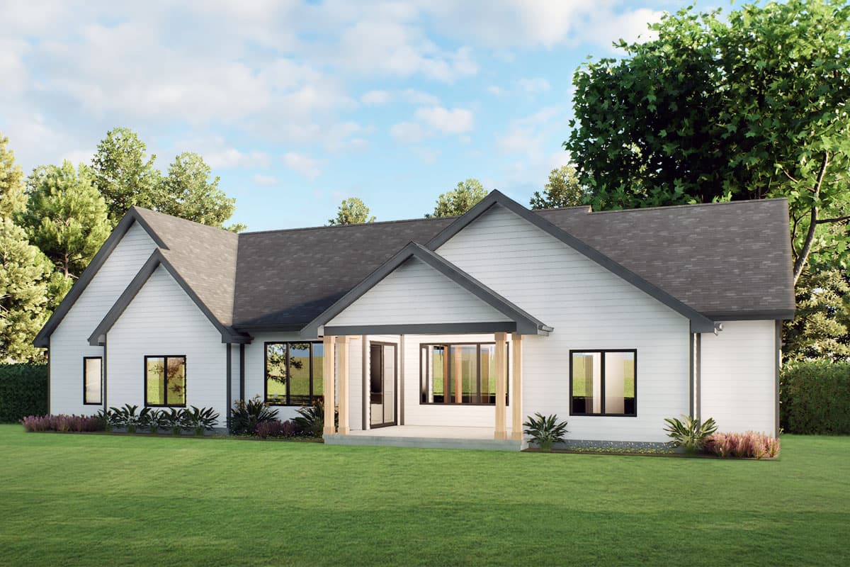 House plan exterior: Modern style, single-story with gables, covered porch with wood columns, and horizontal siding.