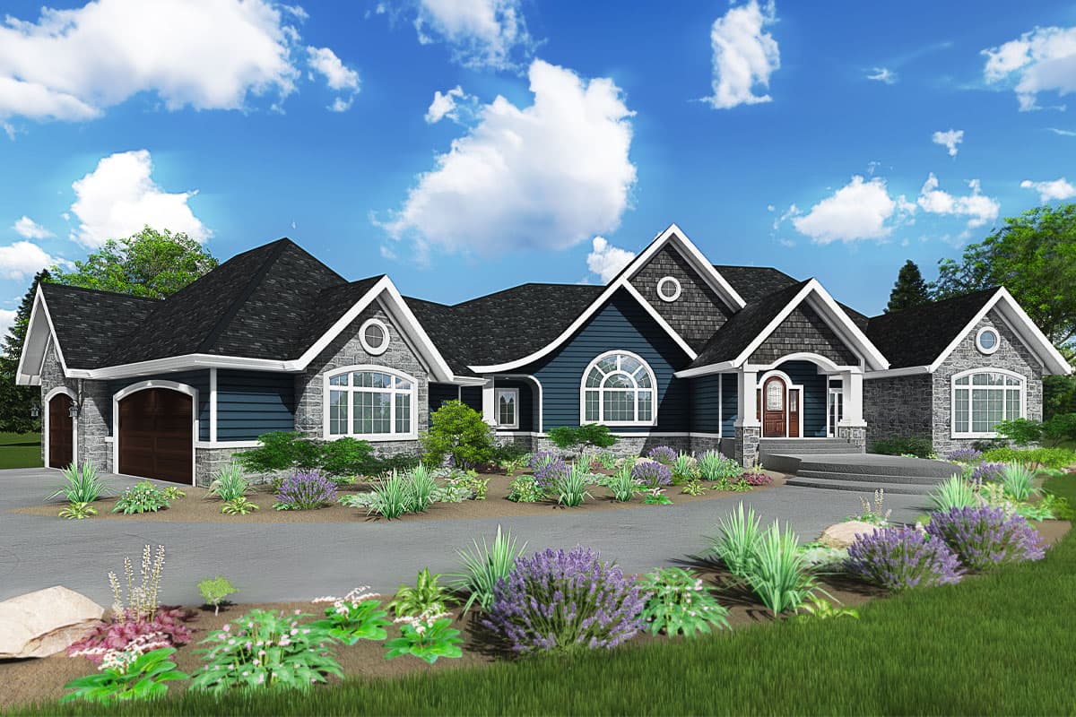 House plan exterior. Two-story, Craftsman-style home with multiple gables, stone veneer, and a covered front entry porch.