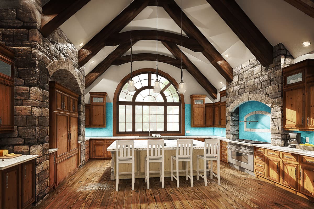 Kitchen rendering with vaulted beamed ceiling, stone accents, large arched window, and central island with seating.