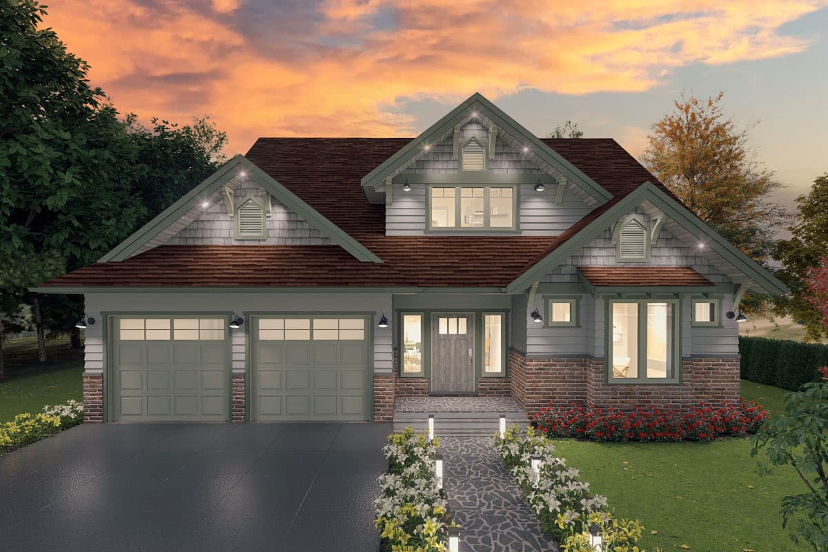 House plan exterior. Craftsman style, two-story home with gables, a covered porch, and a two-car garage. Features include brick accents and a walkway.