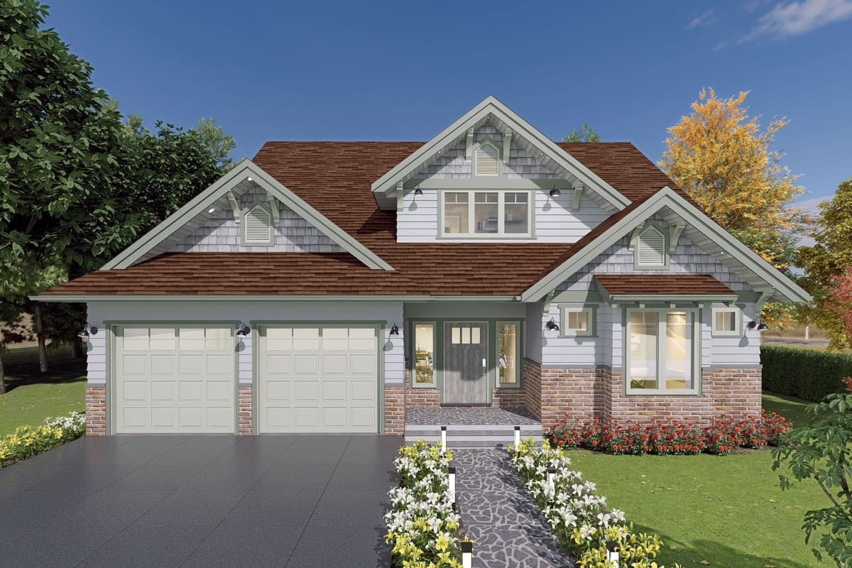 Craftsman style house plan exterior with two-car garage, gables with decorative trim, brick facade, and covered entry.