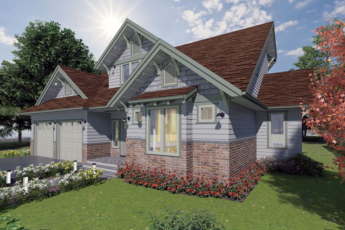 House plan exterior, two stories, gable dormers, decorative brackets, brick and shingle siding, two-car garage.