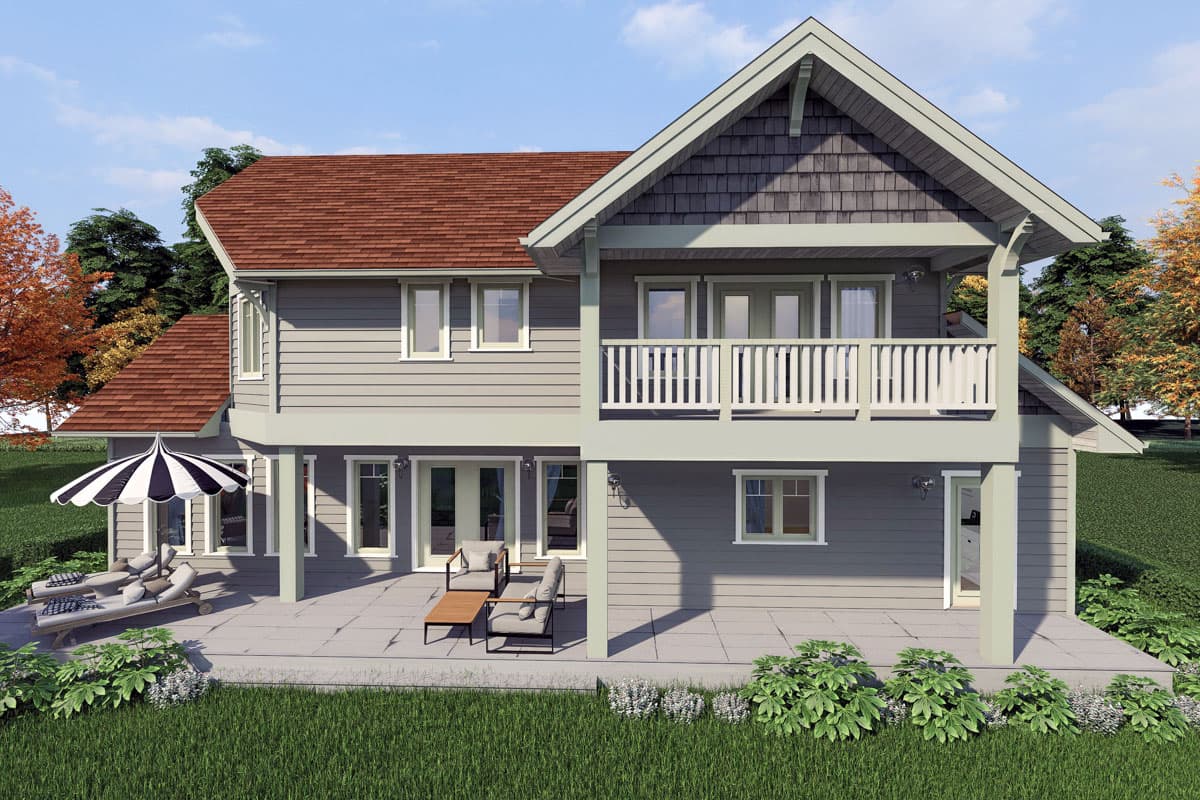 House plan exterior: Two-story home with gable roof, upper balcony, and covered patio.