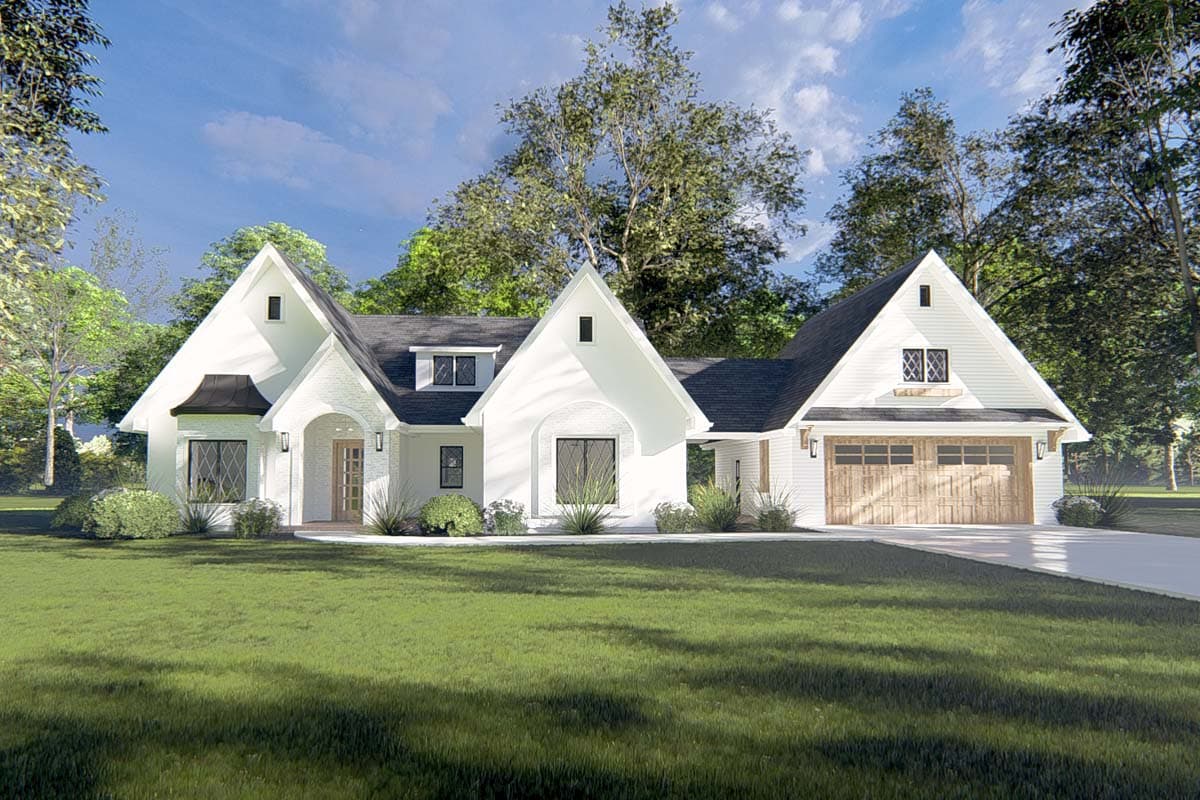 House plan exterior. Two-story, white Modern Farmhouse with multiple gables, an arched entry, and a two-car garage with wood doors.