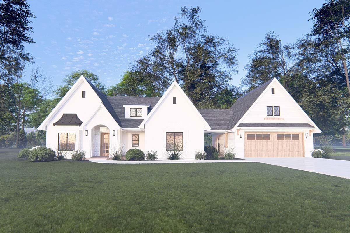 Modern Farmhouse house plan exterior with white brick, gables, dormers, and a side-entry garage.