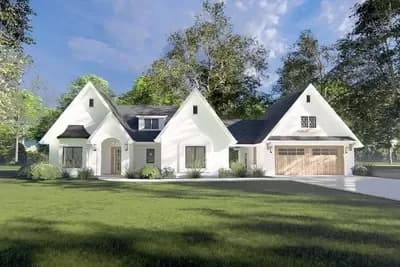 3-Bed Contemporary Tudor Cottage House Plan with Detached Garage - 1614 Sq Ft