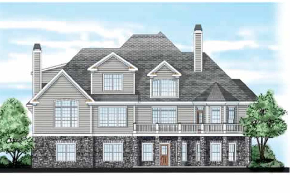 House plan exterior: three-story home with stone base, siding, gables, dormers, and a covered porch.