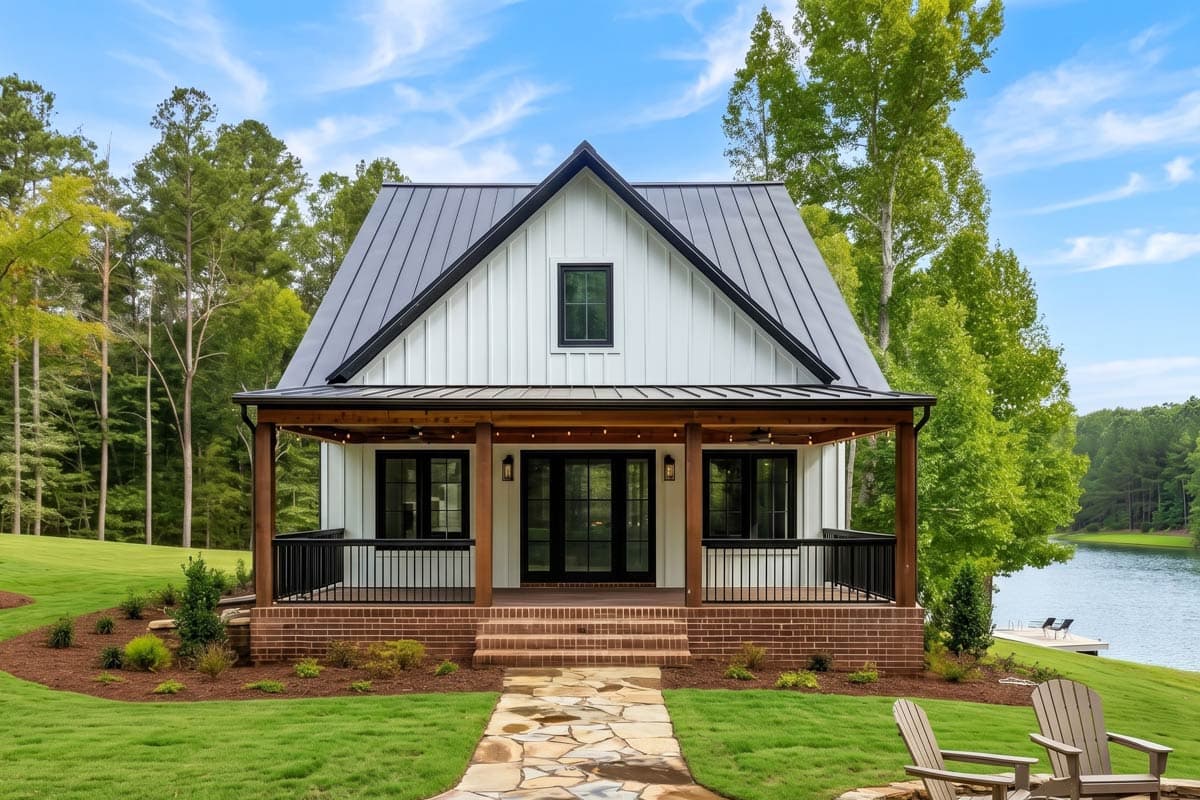 House plan exterior. Modern Farmhouse style with a single story, a covered porch, board and batten siding, and a metal roof.