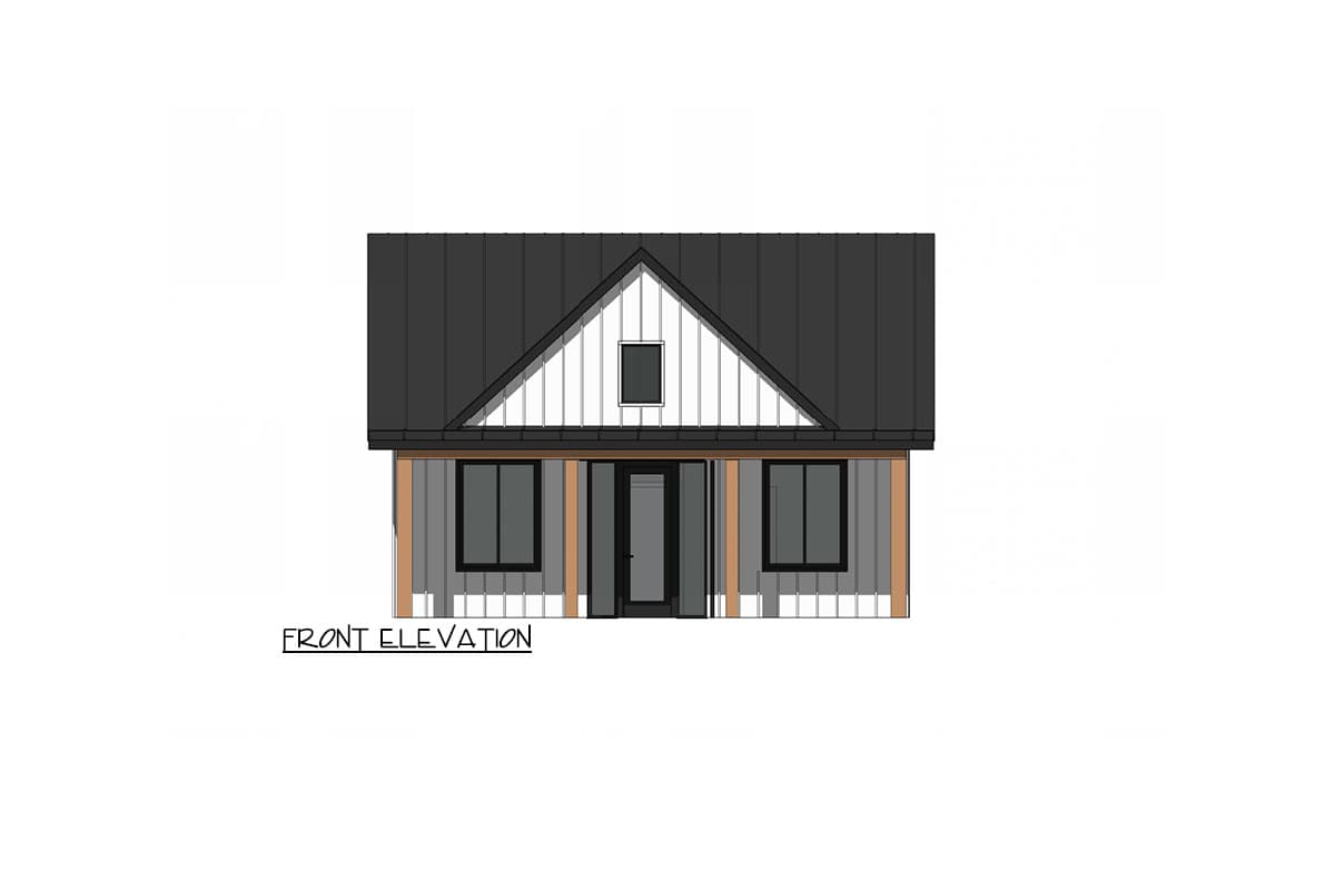 Front elevation of a Modern Farmhouse plan with a metal roof, gabled dormer, and exposed timber posts.