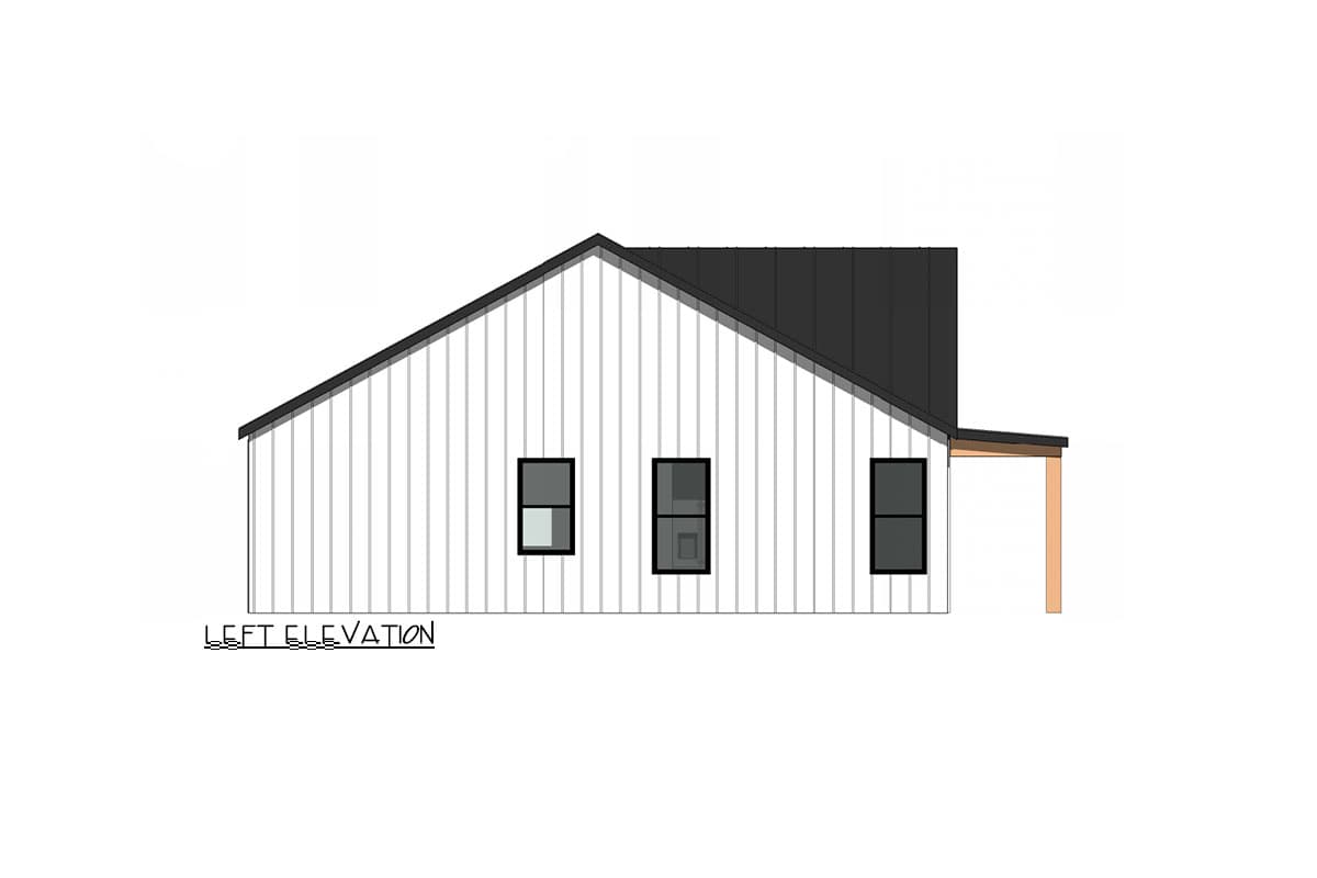 Left elevation drawing of a house with vertical siding, a gabled roof, and three windows.