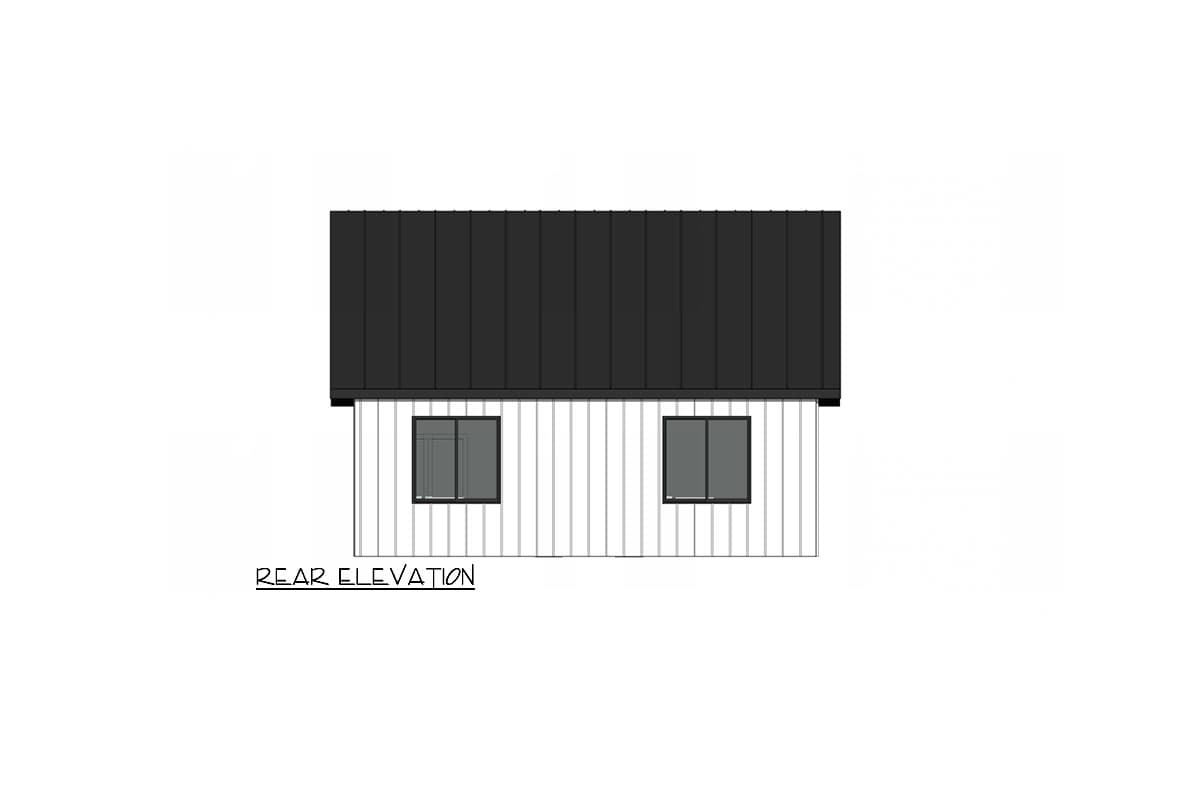 Rear elevation drawing of a house plan with vertical siding and a metal roof, featuring two windows.