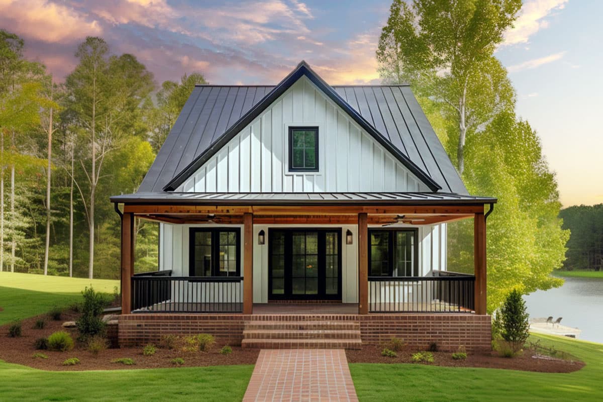 House plan exterior. Modern Farmhouse style with a single story, a covered porch, board and batten siding, and a metal roof.