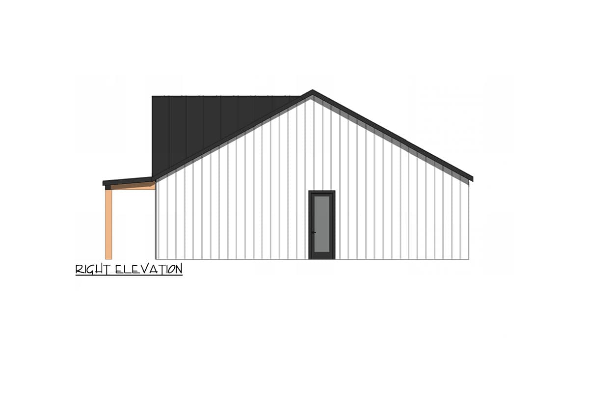 Right elevation of a house plan showing vertical siding, a gable roof, and one door.