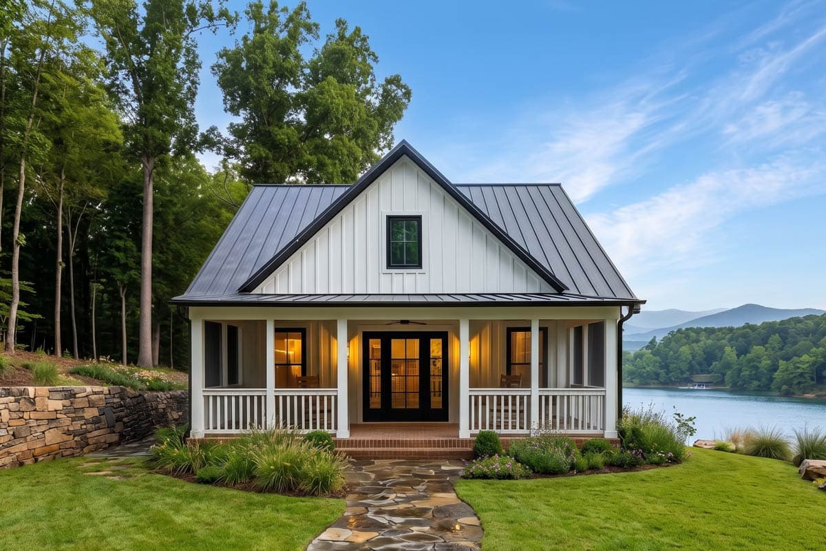 House plan exterior. Farmhouse style with a metal roof, front porch with railings, and gable over the entry. Single story.