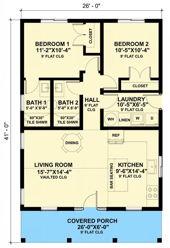 Plan 420150WNT: Under 1000 Square Foot ADU Farmhouse Cottage with 2 Beds - Floor Plan - Main Level - Cottage, Country, Farmhouse, Modern Farmhouse