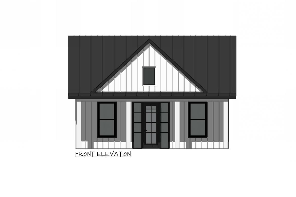 Front elevation drawing of a house plan with a gabled roof, vertical siding, and a central entrance with sidelights.