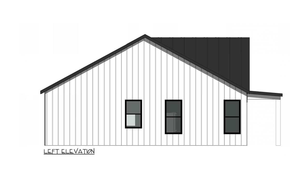Left elevation house plan with vertical siding, a gabled roof, and three windows.