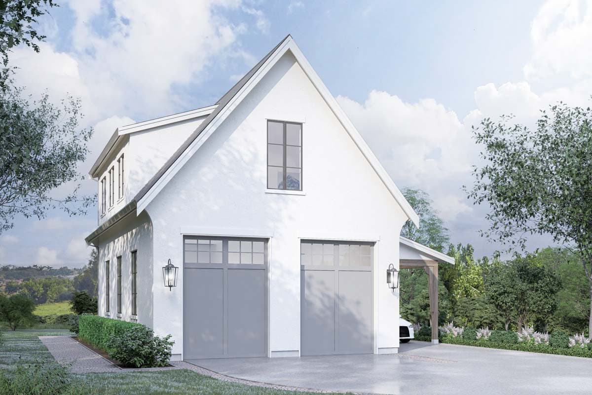 House plan exterior: Modern Farmhouse style, two-story structure with a steep gable roof, two garage doors, and dormer windows.