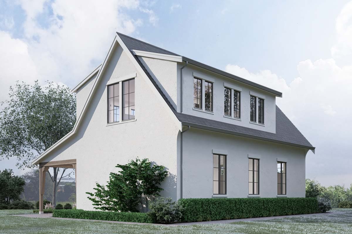 House plan exterior rendering of a two-story home with a gambrel roof, multiple dormers, and a covered entryway.