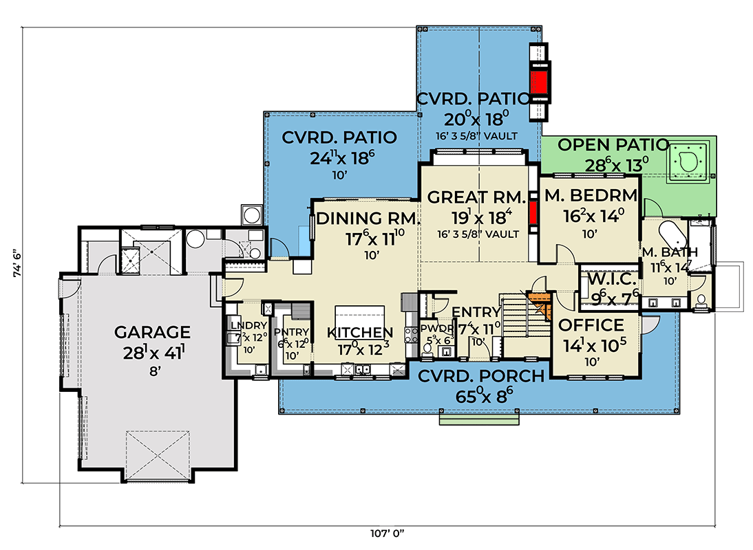 Plan 280210JWD: 4-Bed Modern Farmhouse with Two Story Great Room and Outdoor Fireplace - 4787 Sq Ft - Floor Plan - Main Level - Country, Farmhouse, Modern Farmhouse, Mountain