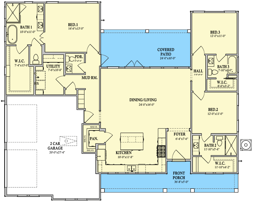 Plan 440037PWL: 3-Bed Craftsman with Mudroom and 2-Car Side Load Garage - 1935 Sq Ft - Floor Plan - Main Level - Craftsman, Ranch, Traditional