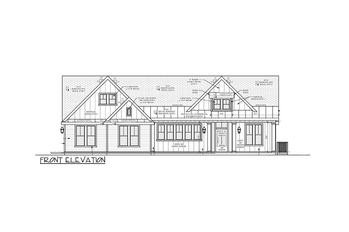 Front elevation of a house plan with vertical siding, gabled rooflines, dormers, and an open front porch.