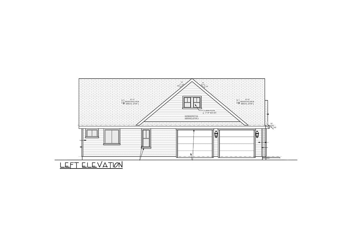 Left elevation drawing of house with horizontal siding, gable roof, dormer, and two-car garage.