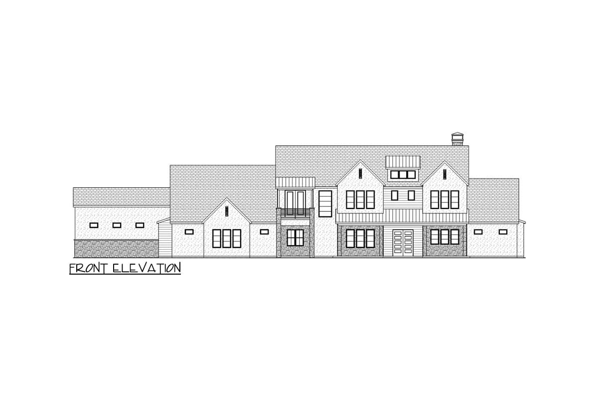 Front elevation drawing of a multi-story house plan with gables, dormers, and a prominent roofline.