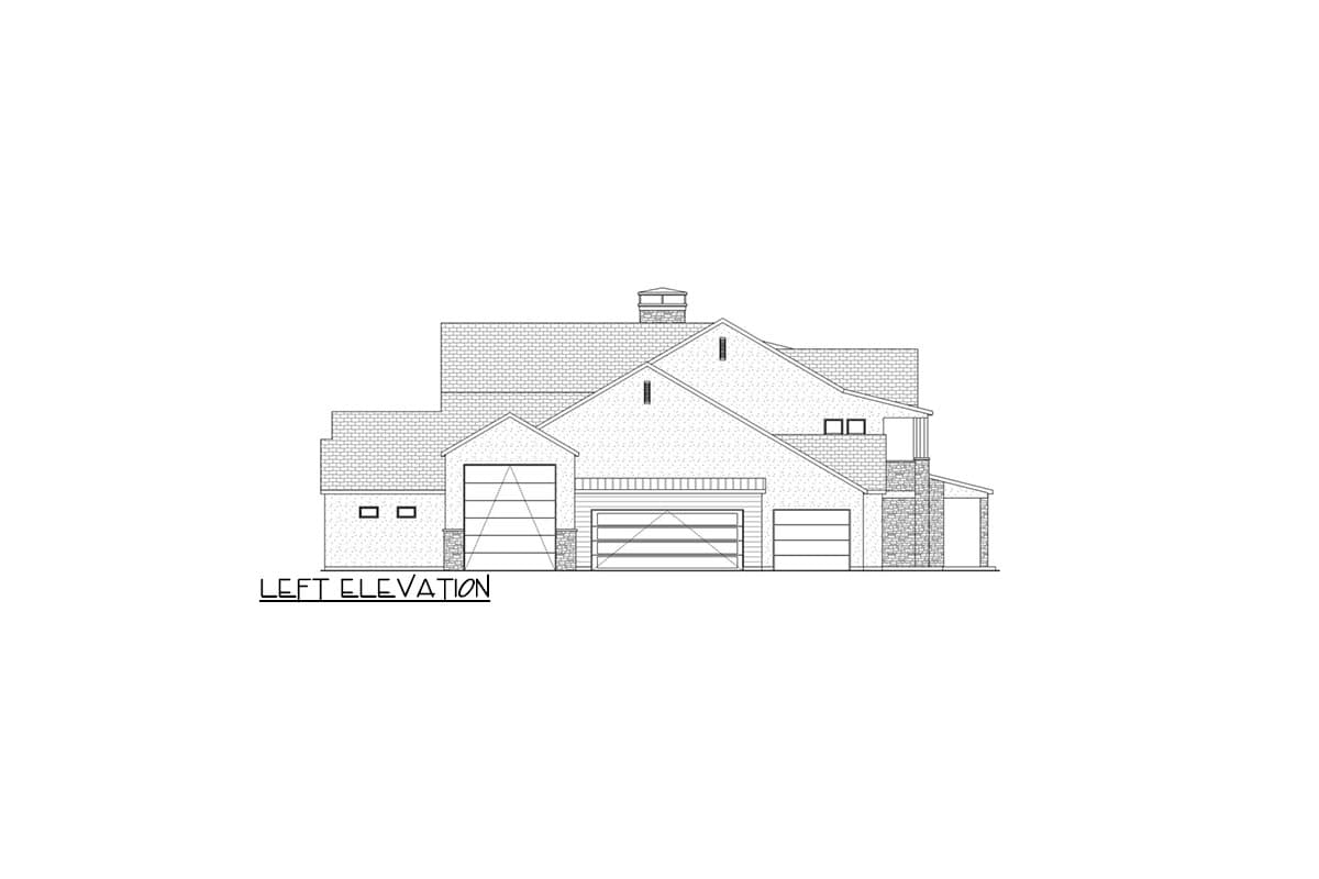Left elevation of a house plan featuring a multi-level roof, three garage bays, and stone accents.