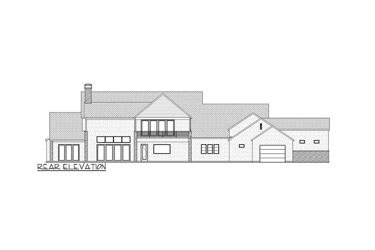 Rear elevation drawing of a house plan showing a two-story structure with a prominent gable, balcony, and attached garage.