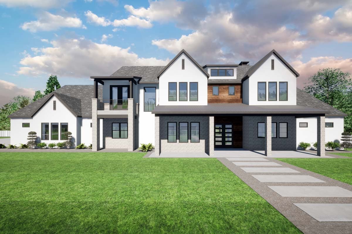 House plan exterior. Modern Farmhouse style, two-story home with gabled roof, covered porch, and a balcony above the entry.