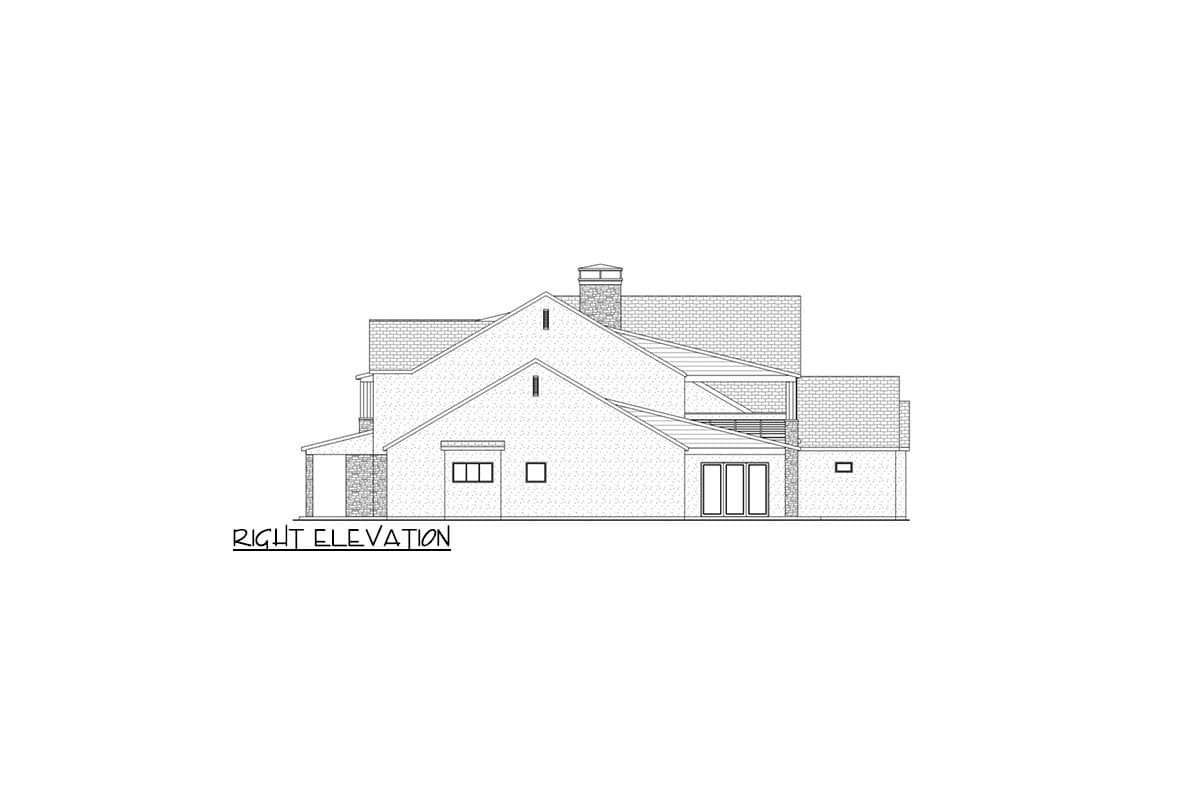 Architectural house plan, right elevation. Features varied rooflines, gables, stone accents, chimney, and large windows.