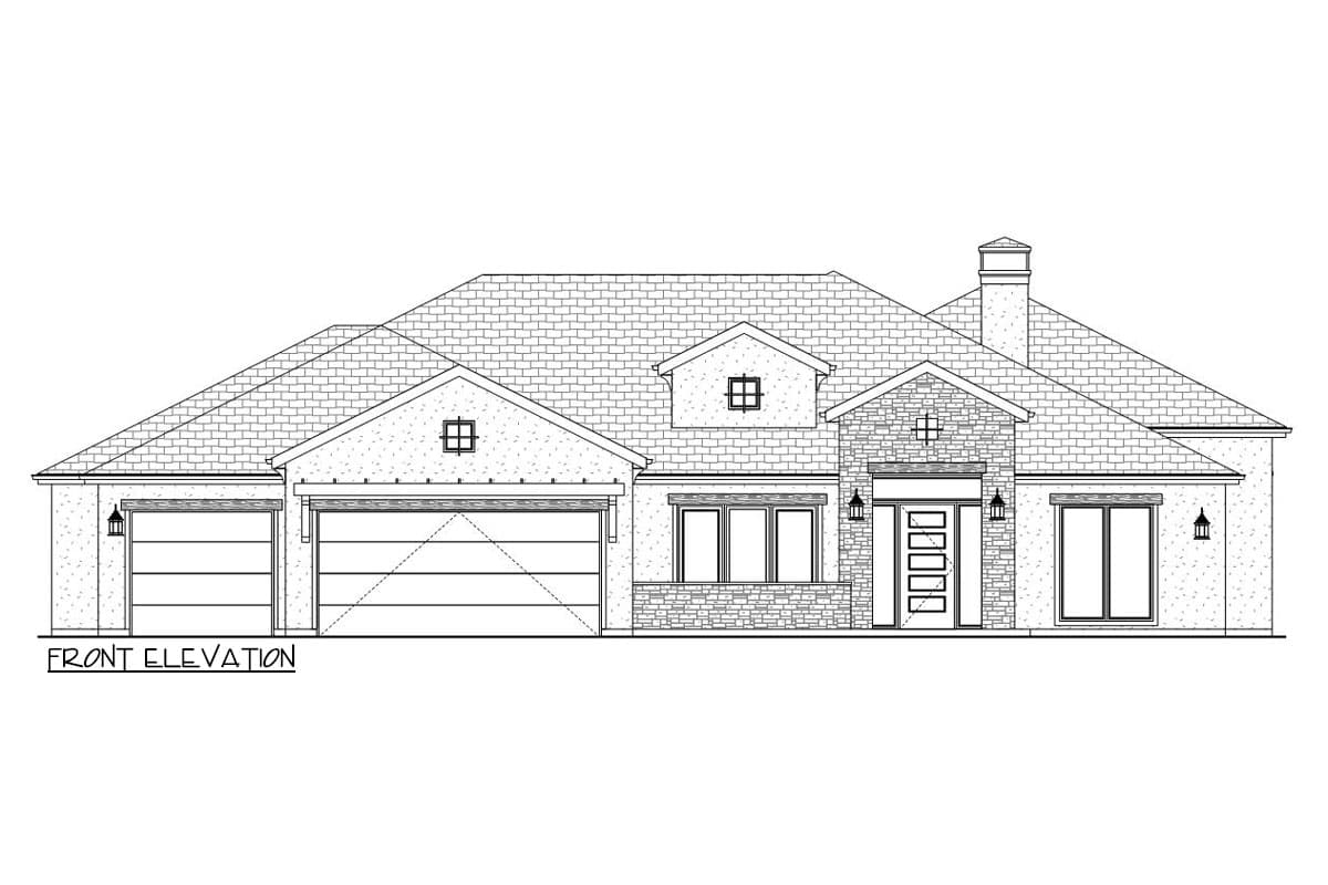Front elevation house plan with a single story, brick exterior, gable dormers, and a three-car garage.
