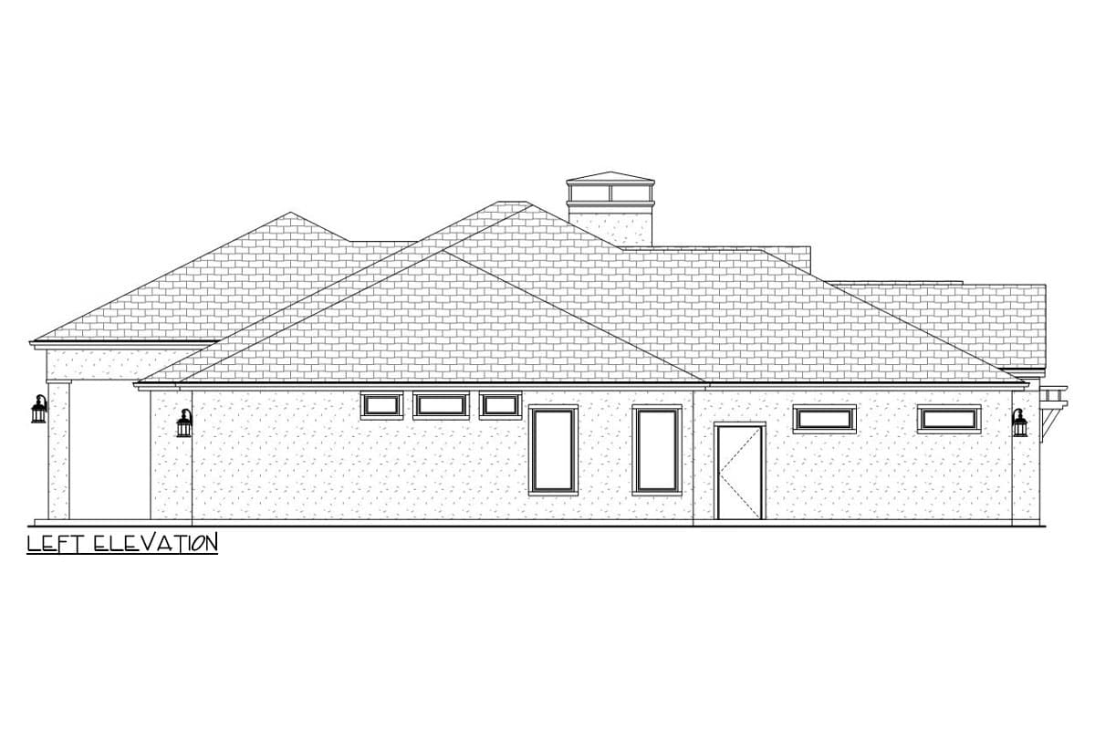Left elevation drawing of a single-story house plan, showing multiple windows, a door, and varied rooflines.
