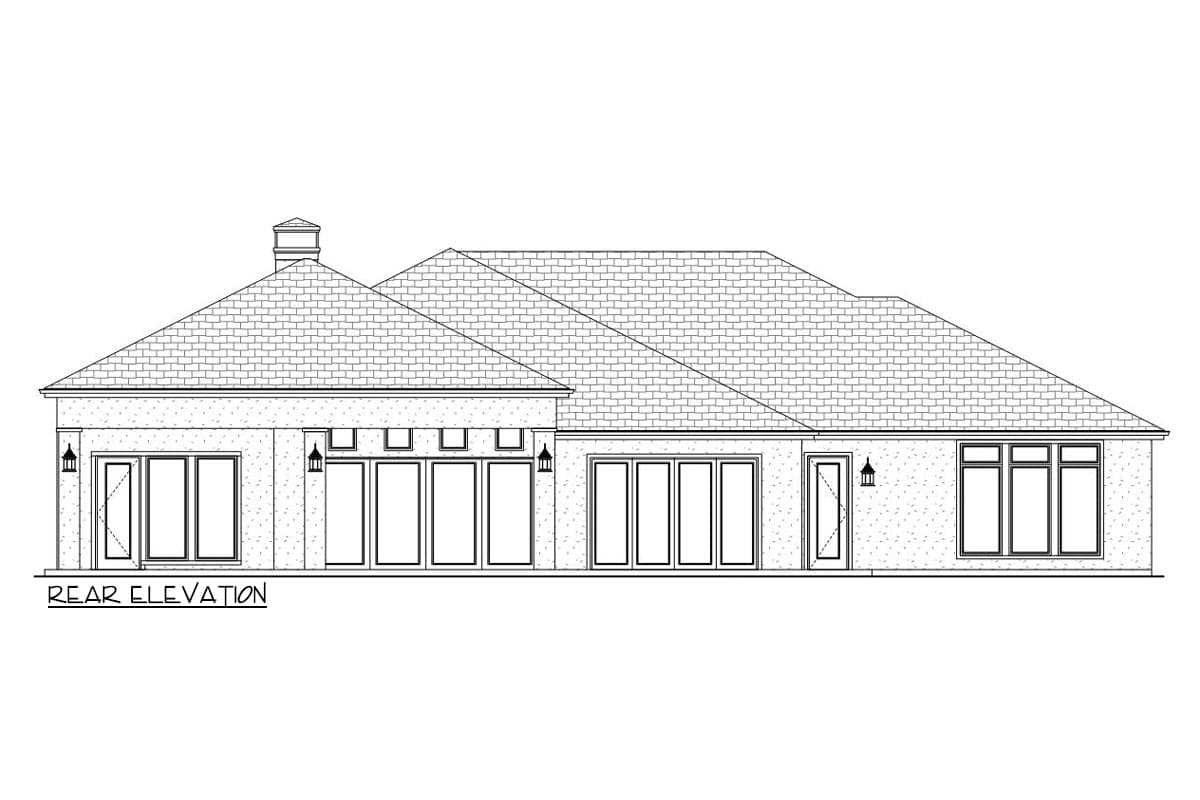 Rear elevation house plan with hip roof, chimney, and multiple large windows and doors.