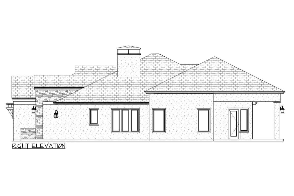 Right elevation house plan showing a single-story home with varied rooflines, a chimney, stone accents, and multiple windows.