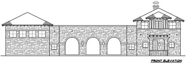 Front elevation drawing of a stone house with arched openings, a two-story central section, and prominent rooflines.
