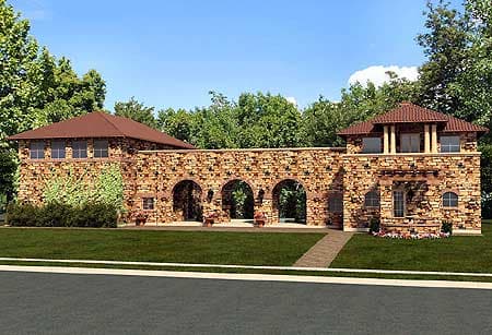 House plan exterior with stone facade, arched entryway, and two-story section with tiled roof and columns.